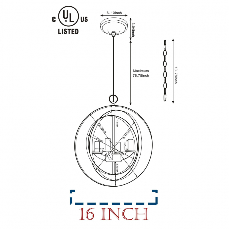 Cerdeco 4-Lights Sphere Chandelier Modern Pendant Light Brushed Nickel [UL Listed]   PCL04